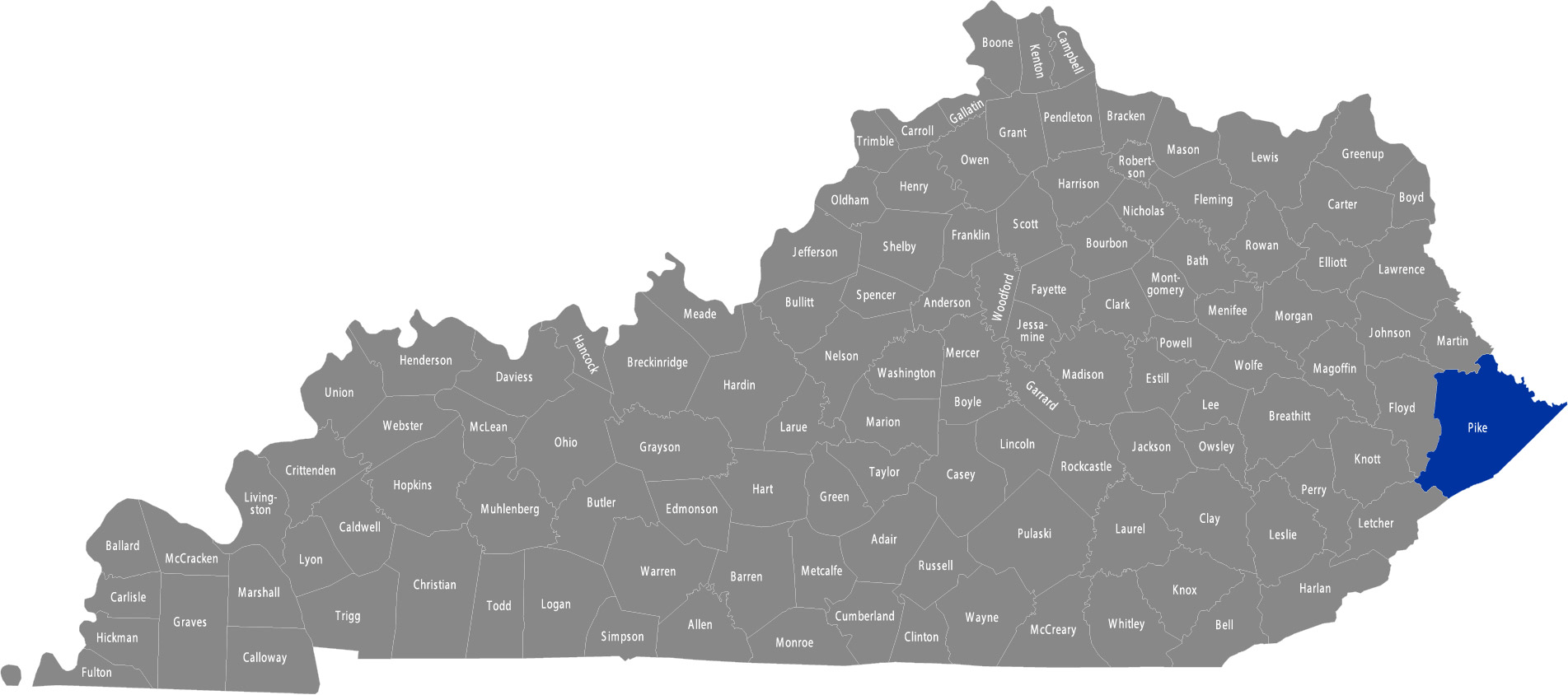 State of Kentucky map with Pike County highlighted 